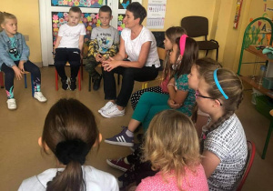 Innowacyjne zajęcia z języka niemieckiego. Dzieci siedzą w kręgu i słuchają nauczyciela.